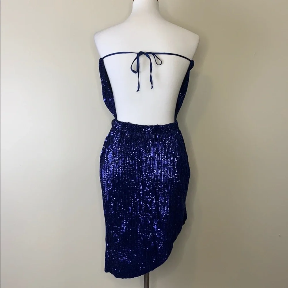 BLITHE Blue Halter Sequins Mini Assymetric Dress - Picture 5 of 8